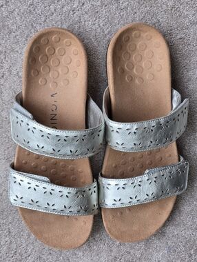 Vionic Metallic Silver Double Strap Slide Sandals